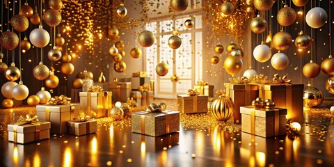 Golden Holiday Festivities Sparkling Ornaments and Luxurious Gifts Adorn a Festive Room