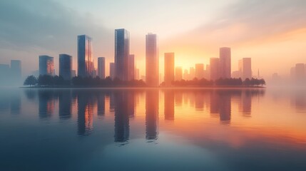 Naklejka premium Futuristic Cityscape with Reflective Skyscrapers at Sunset