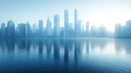 Fototapeta premium Futuristic Cityscape Reflecting on Tranquil River with Minimalist Architecture and Clear Sky