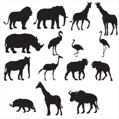 set of black vector various safari animals silhouette