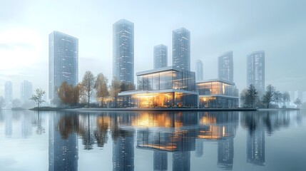 Obraz premium Futuristic Metropolis Reflected on Tranquil Riverfront Cityscape with Geometric Glass Towers