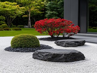 Japaneseinspired rock garden with small droughtresistant plants, sustainable landscaping design