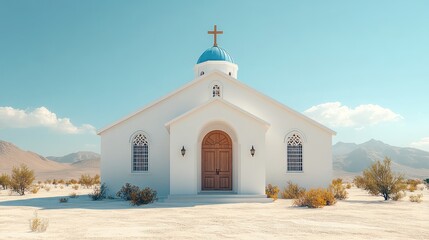 Desert chapel, blue dome, mountains