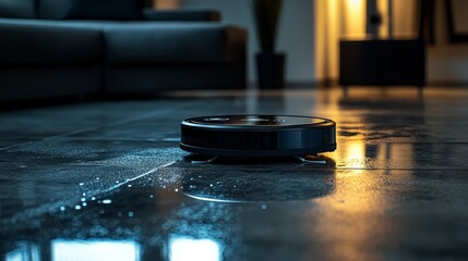 Obraz premium A robotic vacuum cleaner avoiding a small water spill on a tiled floor 