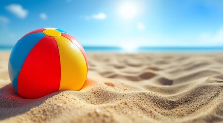Obraz premium Colorful Beach Ball on Sandy Shore, Summer Fun and Leisure Activities