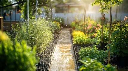 Eco-friendly irrigation setup enhances garden growth and sustainability in sunny afternoon