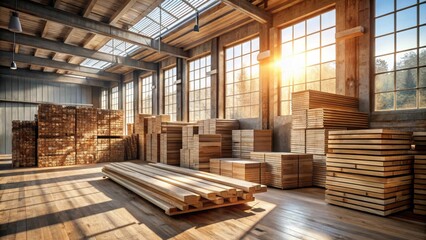 Sunlit Warehouse Filled with Stacks of Planed Lumber Ready for Construction Projects