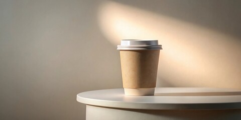 A single disposable coffee cup sits on a small round table, bathed in warm sunlight