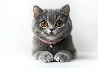 Obraz premium Cute grey tabby cat with large golden eyes and pink collar lying down on a white background, looking curiously at the camera in a playful pose