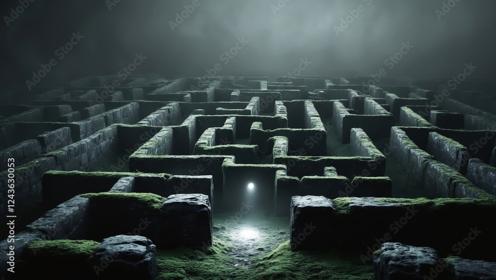 Poster mysterious maze illuminated by a single light in a dimly lit environment