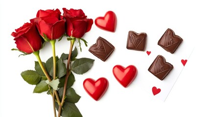 Red Roses and Heart Chocolates Flat Lay - Romantic Valentine's Day concept.  Symbolizing love, affection, passion, sweetness, and celebration.