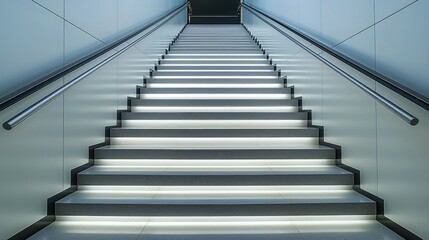 Fototapeta premium A staircase leading upwards with an illuminated next step, symbolizing success, the ongoing journey of growth, and the importance of moving forward to achieve oneâ€™s aspirations.