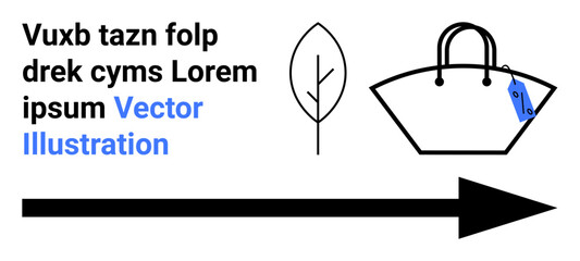 Fototapeta premium Leaf and shopping bag with price tag beside a bold directional arrow. Ideal for sustainability, shopping, eco-lifestyle, environmental awareness, nature, minimalism, flat landing page banner