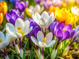 Obraz premium Spring Blooming Crocus, Primrose Flowers Garden, White Yellow Violet