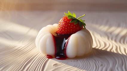 A creamy ichigo daifuku with a juicy strawberry peeks out, its red bean paste glistening, set against warm, soft light.