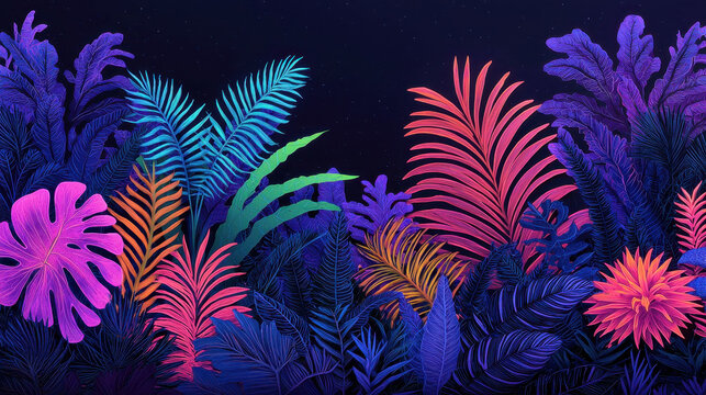 Neon colored plants glow vibrantly in blacklight jungle setting