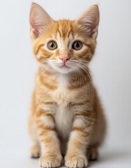 Cute orange tabby kitten with big expressive eyes, sitting on a light background, capturing the essence of playfulness and innocence in feline photography