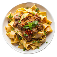 Delicious beef ragu pasta with wide noodles and basil garnish top red food on transparent background