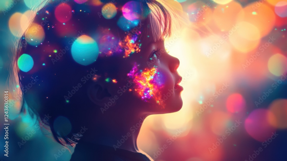 Aufkleber Child glowing with vibrant colors against a mesmerizing background in a playful and imaginative moment