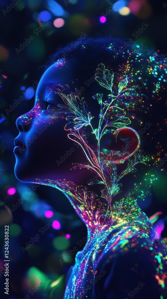 Fototapete child radiating vibrant colors with glowing patterns in a playful setting