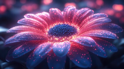 Vibrant close-up of a glowing flower with sparkling petals in a mystical garden setting