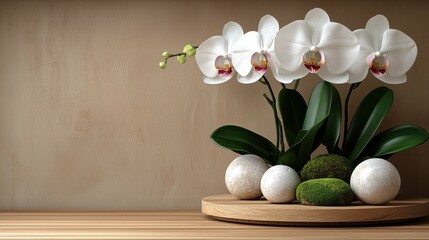 Simple yet elegant natural background for cosmetics with wood podium, flowers, moss, and stone on a beige showcase, offering a perfect platform to showcase natural beauty products.