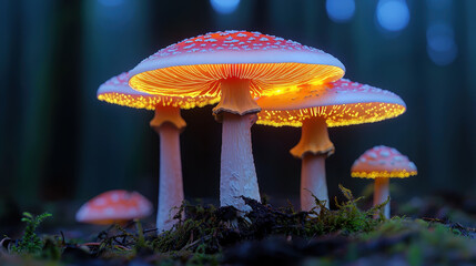 Glowing mushrooms in mystical forest at twilight