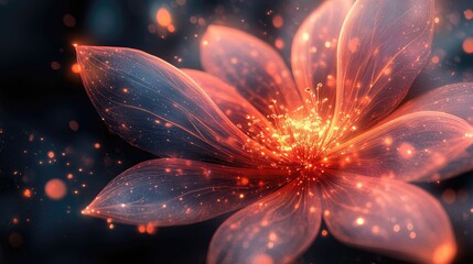 A vibrant, glowing flower with sparkling particles set against a dark, blurred background