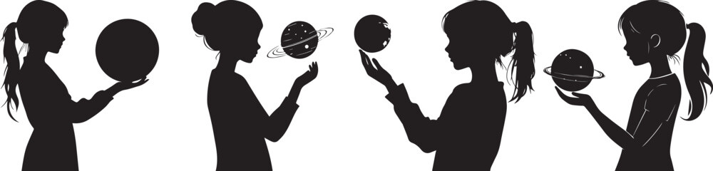 Silhouette of a girl holding a model of the solar system vector silhouette