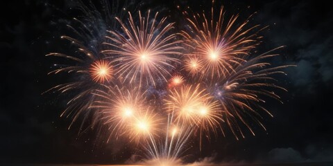 Fototapeta premium Vibrant fireworks exploding against black night sky, event, bright lights, explosive