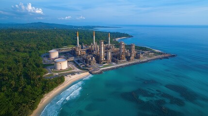 Aerial view of a large chemical manufacturing plant with extensive production units, storage tanks, and pipelines. Capturing the industrial scale and process efficiency.
