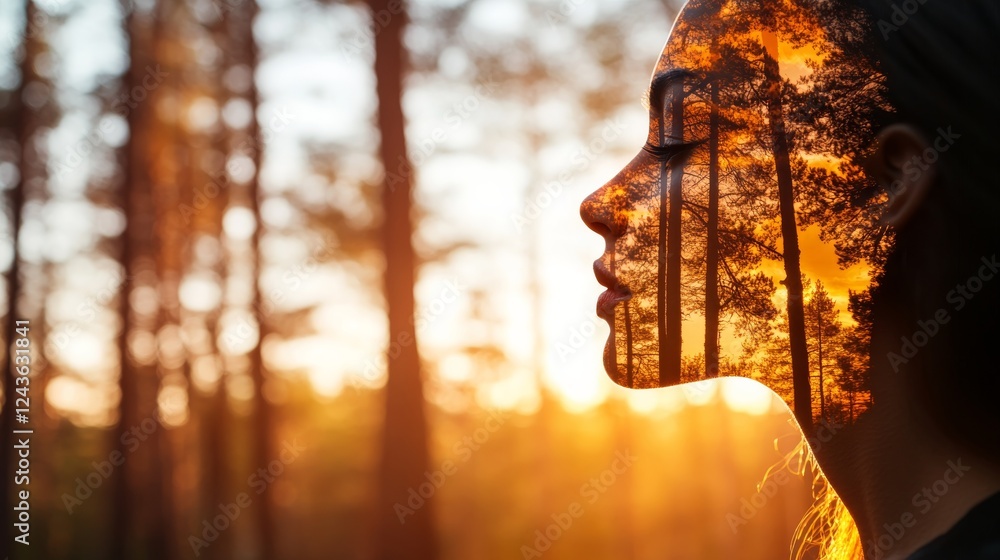 Poster Close-up features a woman's face merging with a man's profile against a tranquil forest backdrop at sunset, showcasing a captivating double exposure effect