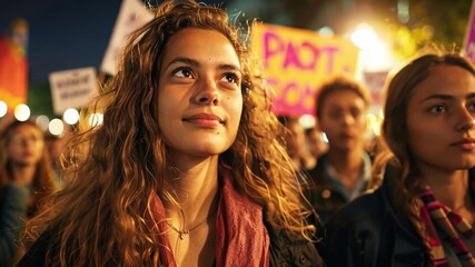 Young woman expresses hope and determination during a feminist protest in a vibrant city setting at night