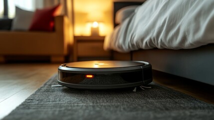 A robotic vacuum cleaner cleaning under a bed with visible light sensors 
