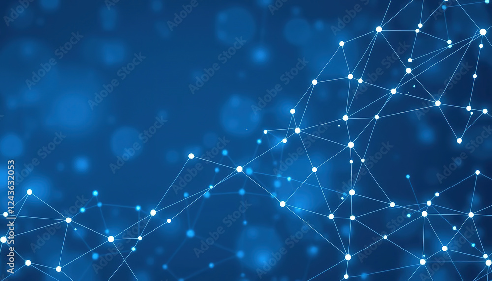 Poster blue abstract background featuring a complex network of interconnected points suitable for technolog