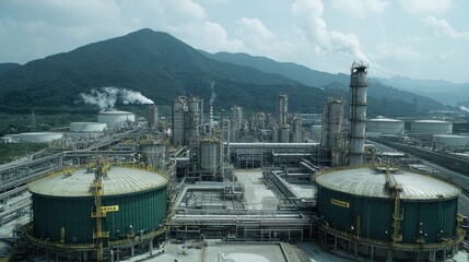 Aerial image of a chemical plant with large storage tanks, extensive pipes, and production facilities. The shot emphasizes the vast scale of the industrial site.