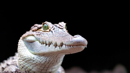 Fototapeta premium Baby crocodile portrait, dark background, wildlife, zoo