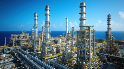 Fototapeta premium Wide-angle aerial shot of an oil refinery with large storage tanks, industrial equipment, and pipelines. The view provides a detailed look at the refinery's layout and processes.