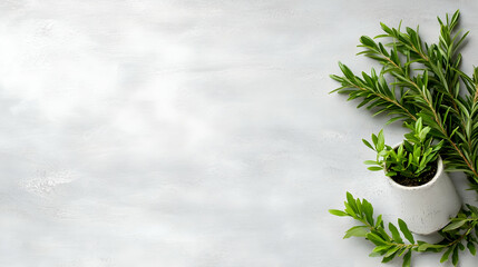Greenery in pot, grey background, copy space, nature