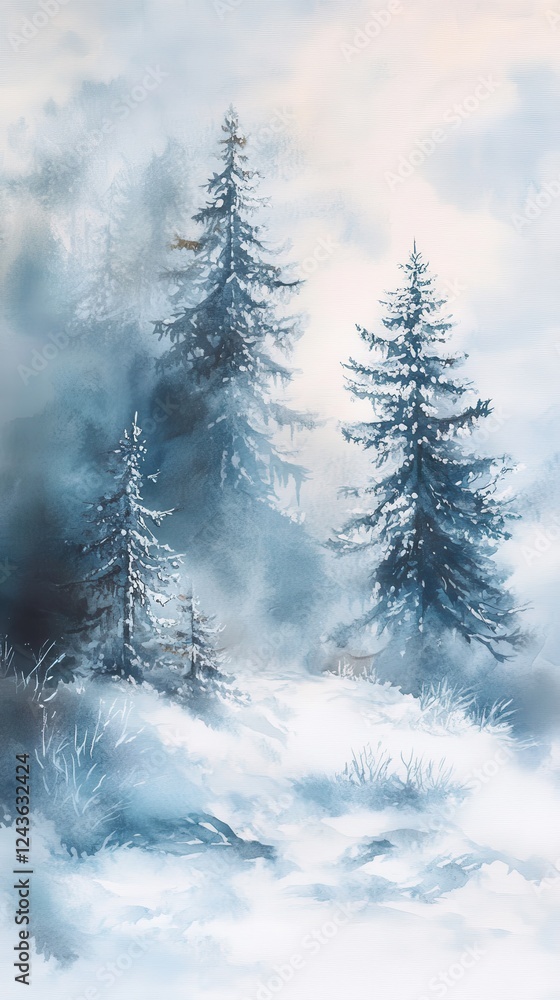 Poster soft winter watercolor landscape blending serene trees and gentle snow in a tranquil forest setting