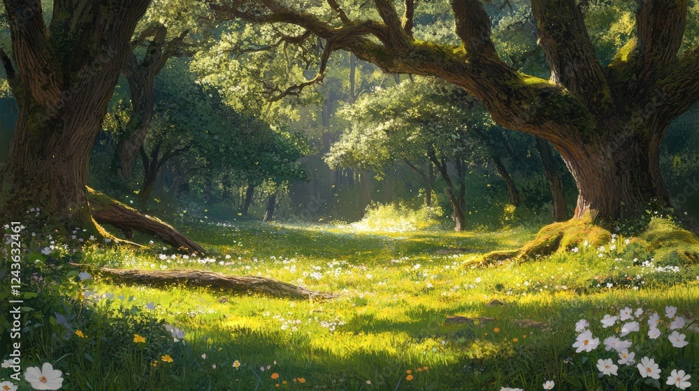 Aufkleber spring forest clearing with vibrant flowers and ancient trees bathed in sunlight