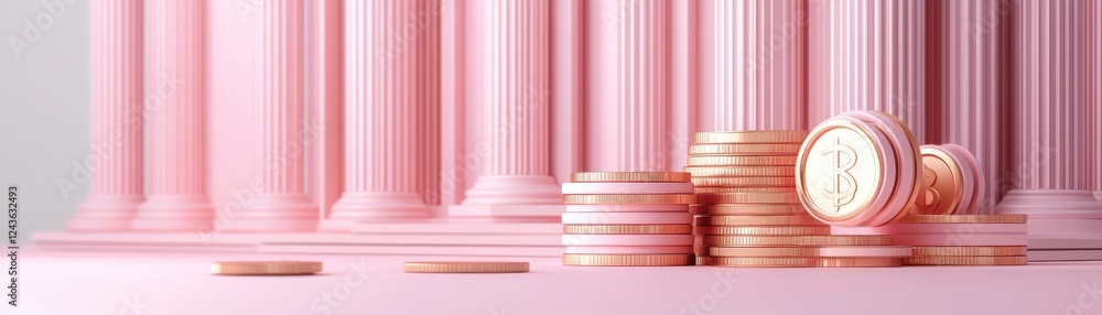 Poster a serene composition featuring pink columns and stacked coins, symbolizing stability and wealth in a