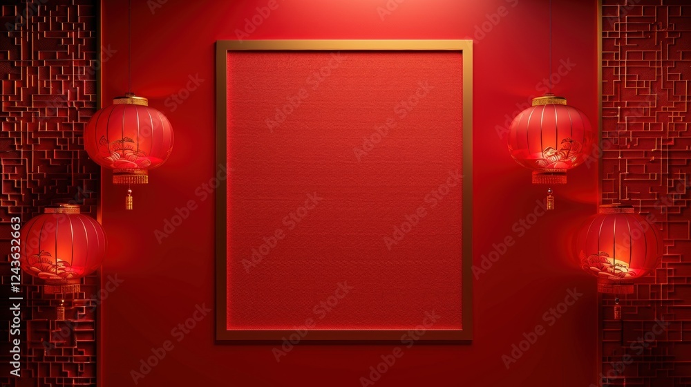 Aufkleber vibrant red wall with lanterns and blank frame for asian-inspired design and template usage in home 