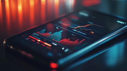 Sleek smartphone displaying vibrant analytics with glowing visualizations at a modern workspace during evening hours