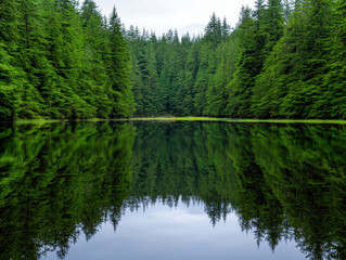 Obraz premium serene hidden lake surrounded by towering evergreen trees