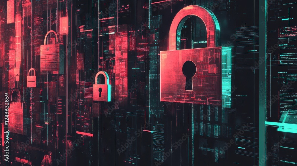Aufkleber composition of digital financial dashboards with sleek lock visuals promoting data security and anal