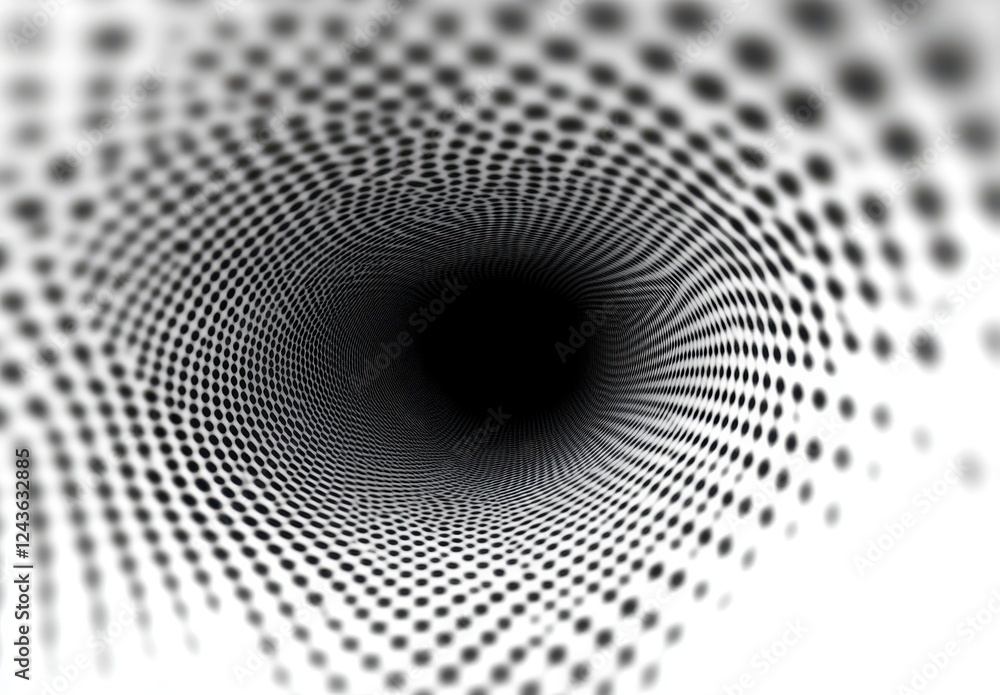 Poster abstract grayscale image depicting a swirling tunnel of black and white dots, creating a sense of de