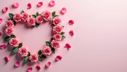 Obraz premium Top view of pink roses wreath heart shape, surrounded with pink rose petals, copy space on right side, isolated on pink background. Valentine's Day, Anniversary, Women's Day, Mother's Day celebration 