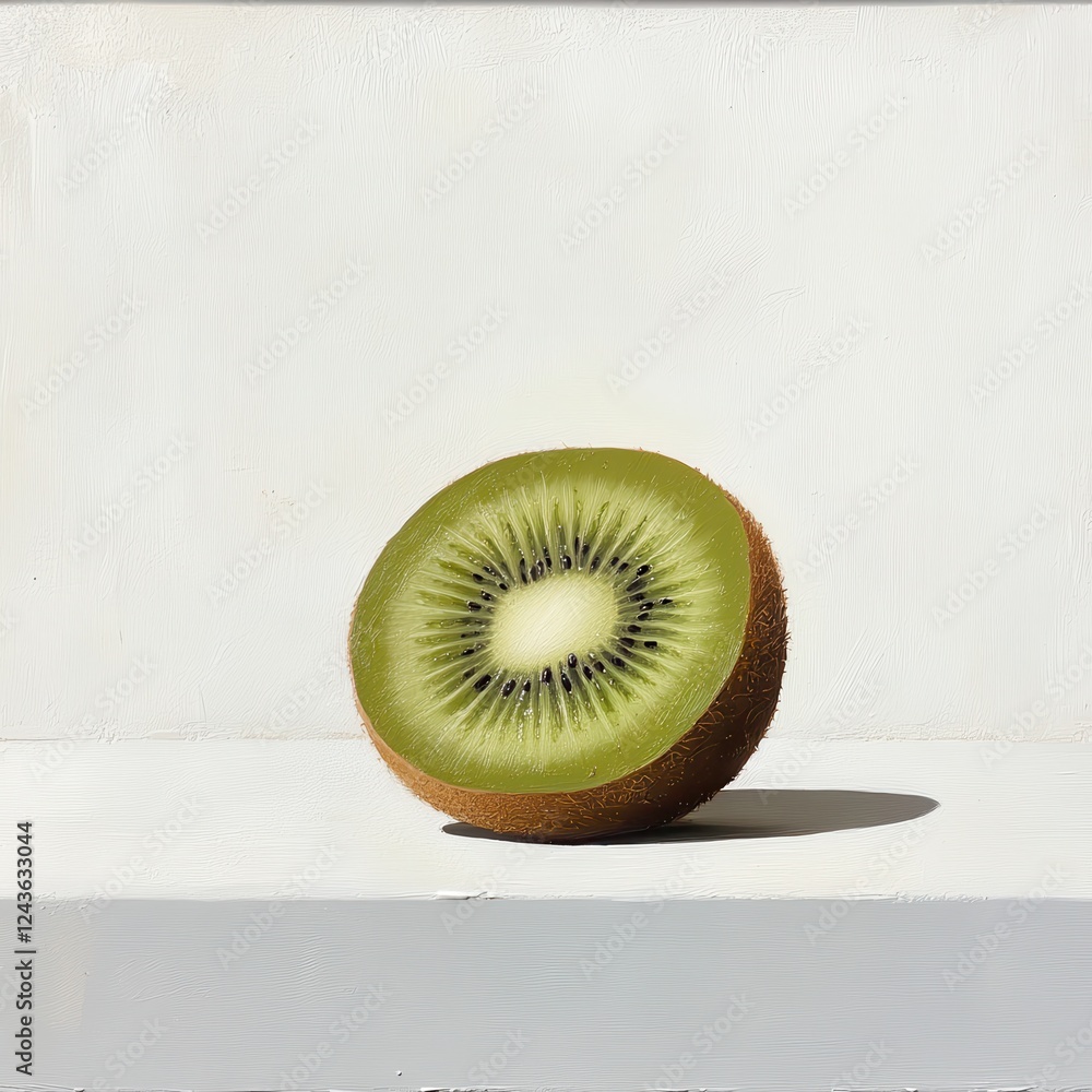Poster ripe kiwi cut in half revealing vibrant green flesh and unique seed pattern on a minimalistic backgr
