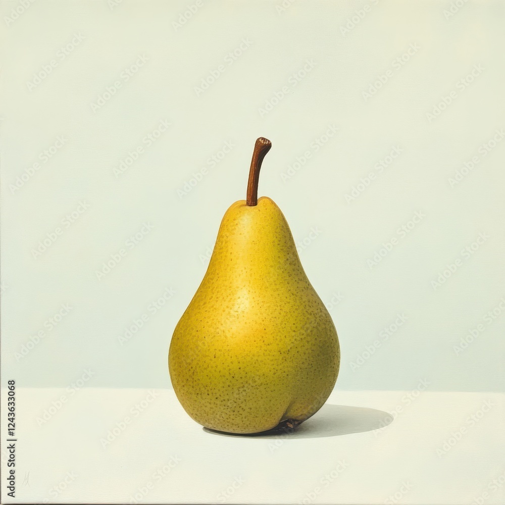 Poster smooth yellow-green pear stands prominently against a minimalist background in soft lighting